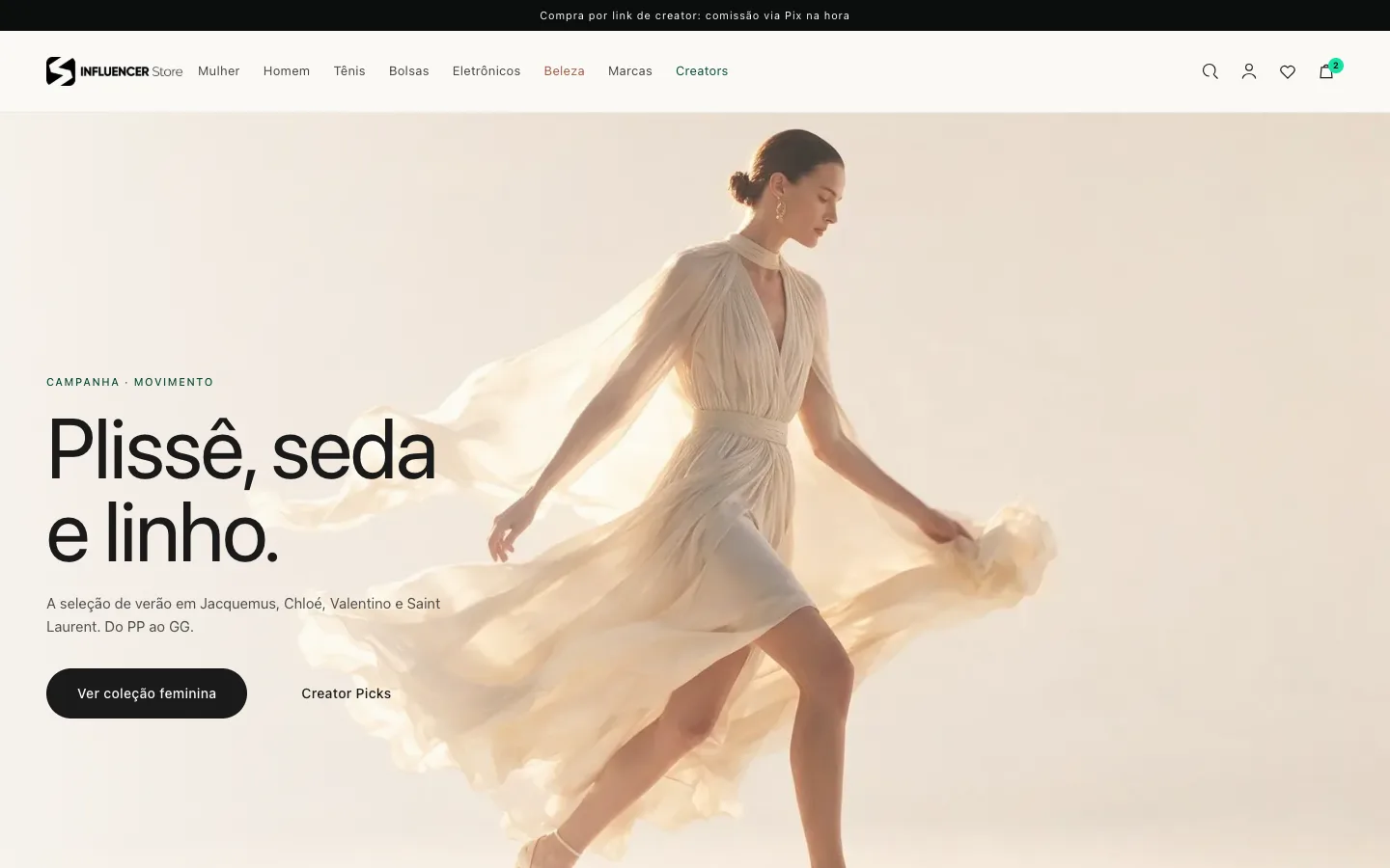 Captura real do site Influencer Store no computador